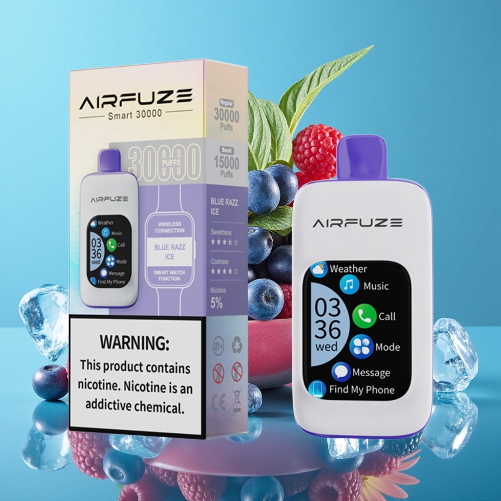 AirFuze Smart 30000 نفخة شاشة تعمل باللمس 2.01 بوصة نيكوتين 5% بطارية 900mAh نكهة توت الجليد الأزرق