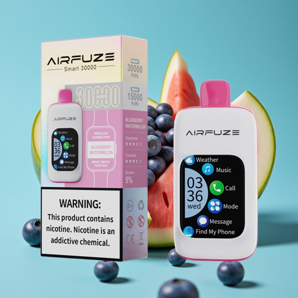 AirFuze Smart 30000 نَفخة شيشة إلكترونية تعبئة لمرة واحدة شاشة لمس 2.01 إنش بطارية 900 مللي أمبير نوع-C بنكهة البطيخ الأزرق