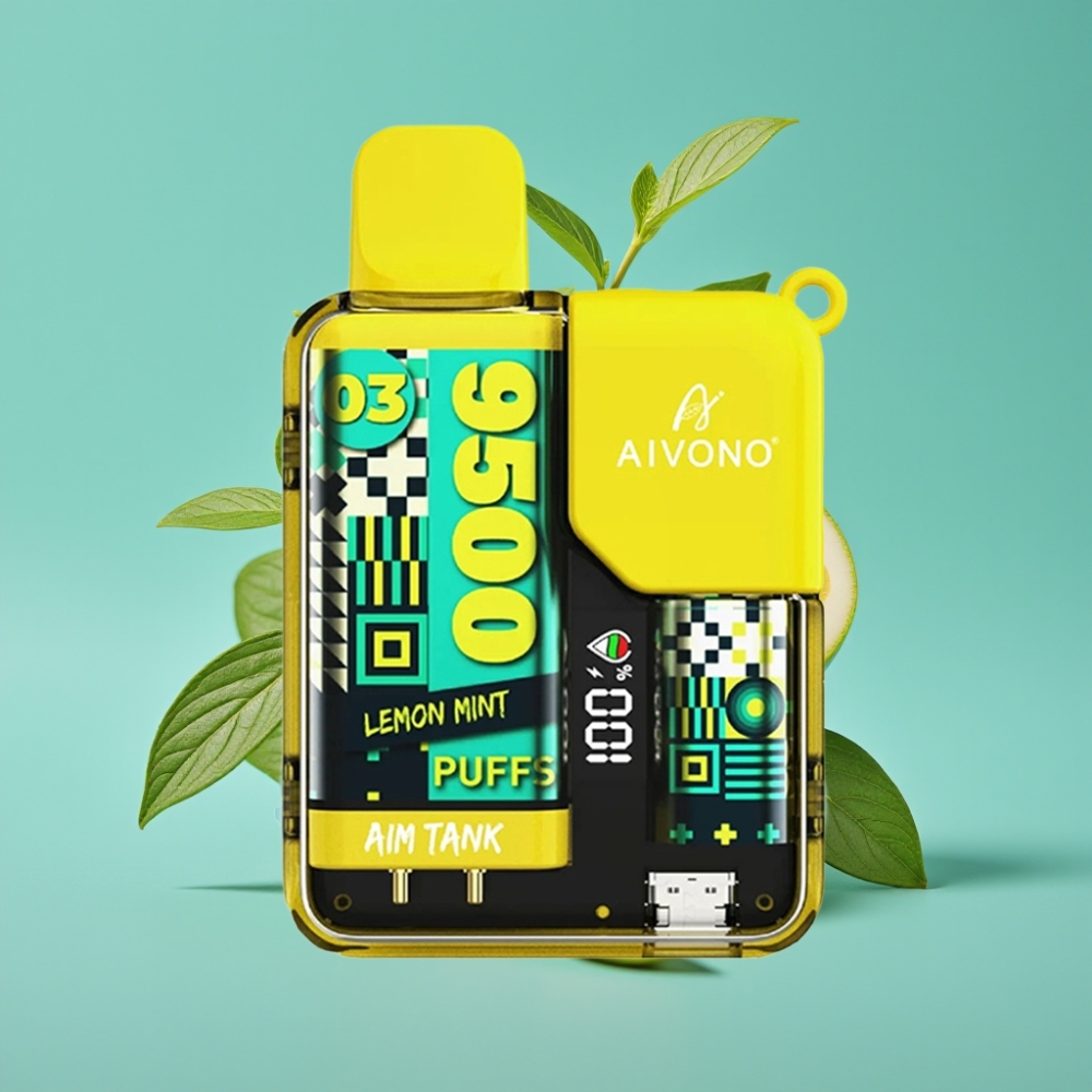 Aivono AIM-TANK 9500 نَفَثات، 18مل سائل، 650مللي أمبير، شاشة LCD، نعناع ليمون