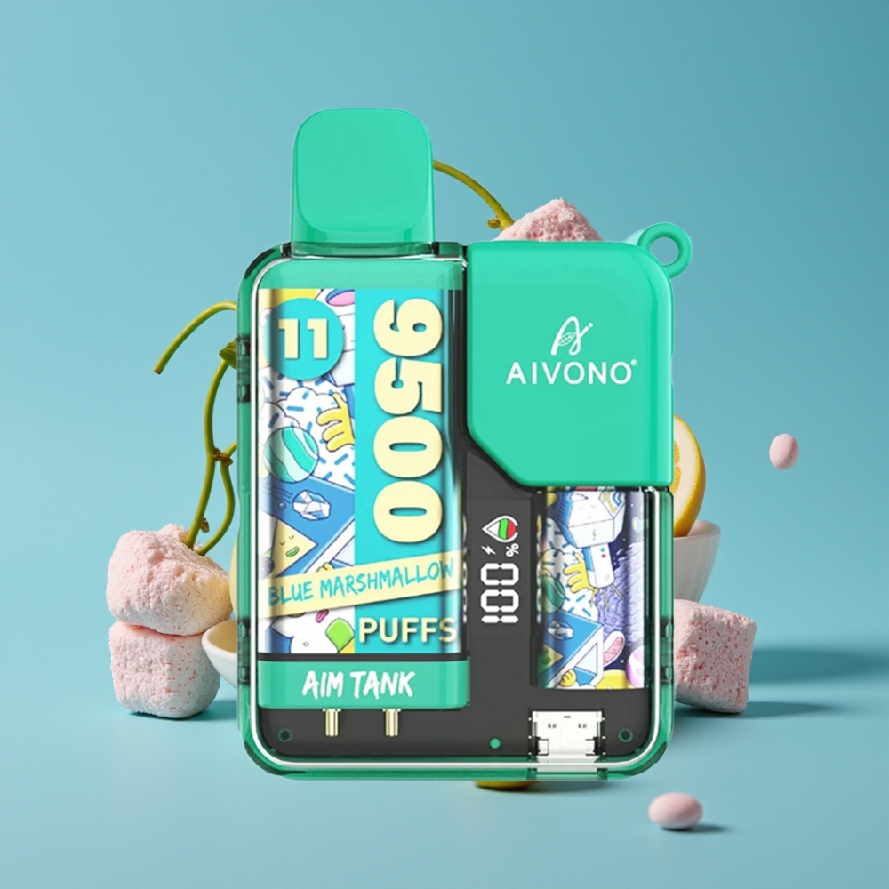 Aivono Aim Tank 9500 نفخة، سعة 18مل، بطارية 650مللي أمبير، شاشة LCD، نيكوتين 0%-5%، ملف شبكي 1.2 أوم، نكهة المارشميلو الأزرق