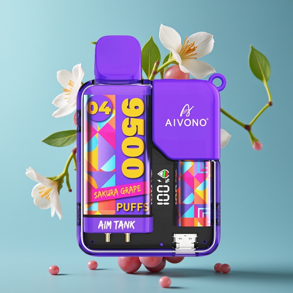 Aivono Aim Tank 9500 نفخة - 18مل سائل - 650مللي أمبير - شاشة LCD - عنب الساكورا