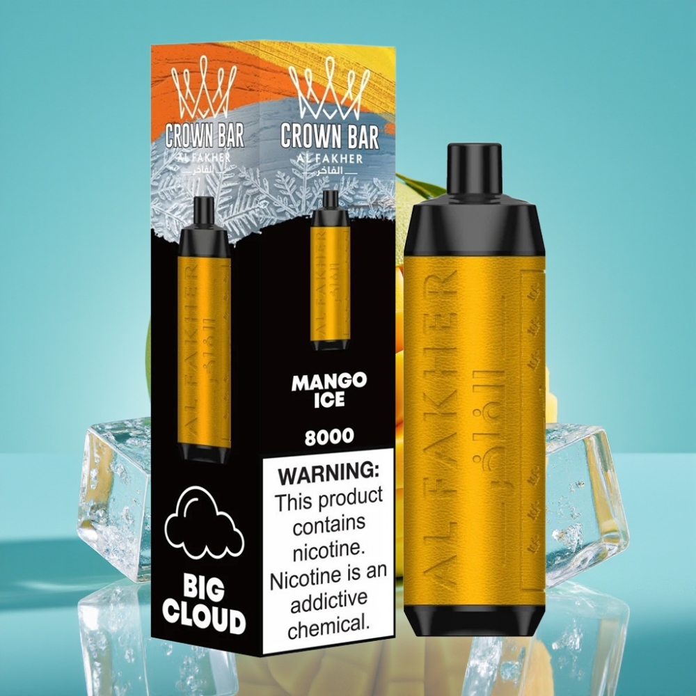 Al Fakher Crown Bar 8000 Crystal نيكل ٥ملغ سعة ١٨مل مقاومة ٠.٦ اوم بطارية ٦٠٠ مللي أمبير مانجو آيس