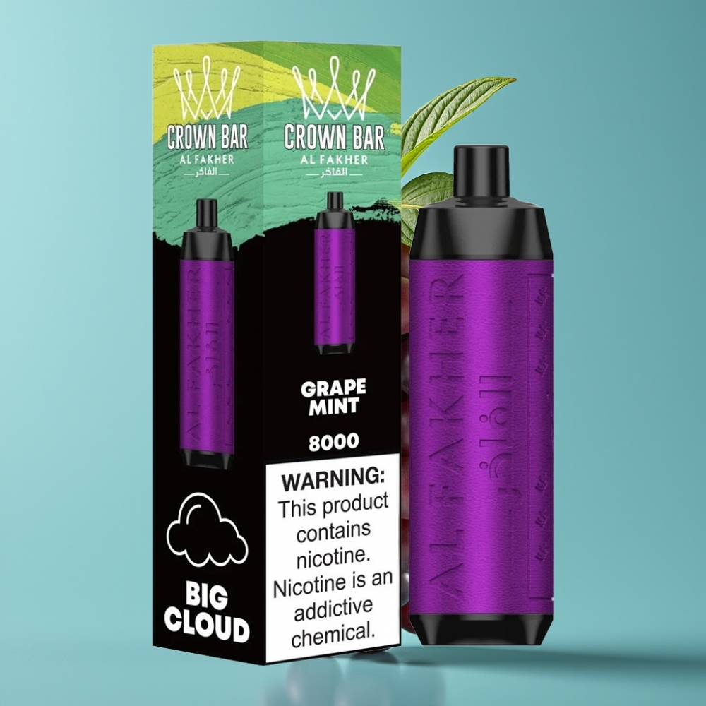 Al Fakher Crown Bar 8000 Crystal نفخة بطارية 600 مللي أمبير شحن USB-C سعة 18 مل نيكوتين 5 ملغم مقاومة 0.6 أوم بنكهة عنب بالنعناع