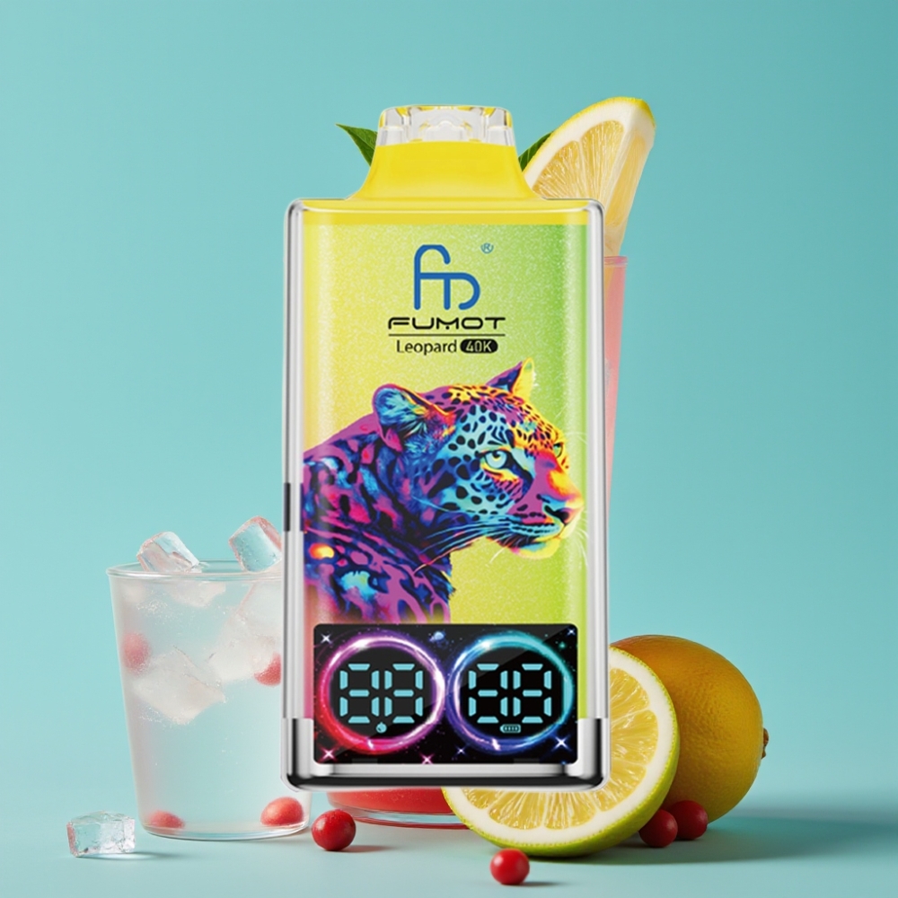 Fumot Leopard 40000 نَفث بسعة 700 مللي أمبير/ساعة، شحن نوع-C، بنكهة الليمون الوردي، شبكة مزدوجة، شاشة رقمية لمستوى الزيت