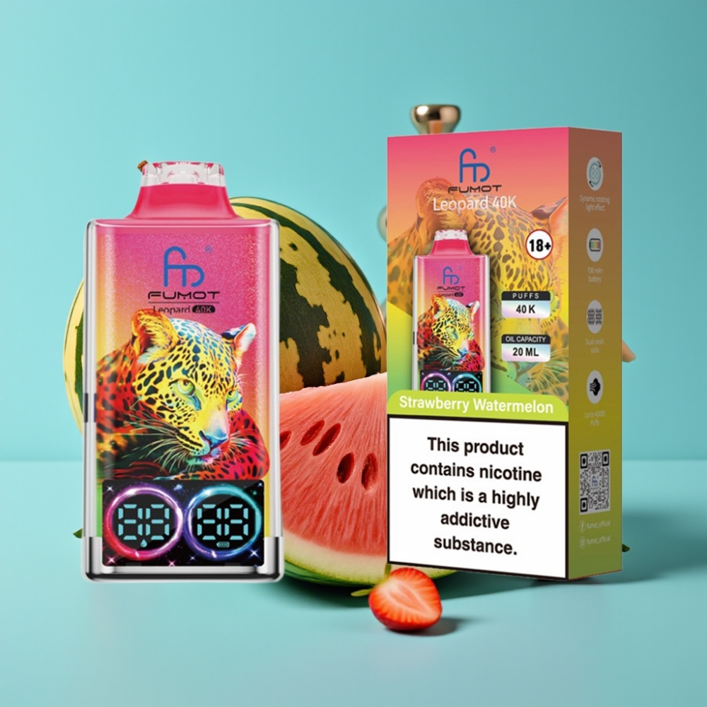 Fumot Leopard 40000 نفحة بخاخة إلكترونية ذات استخدام لمرة واحدة، بطارية 700 مللي أمبير، شحن Type-C، شريحة مزدوجة، عرض رقمي لمستوى الزيت، نكهة الفراولة البطيخ