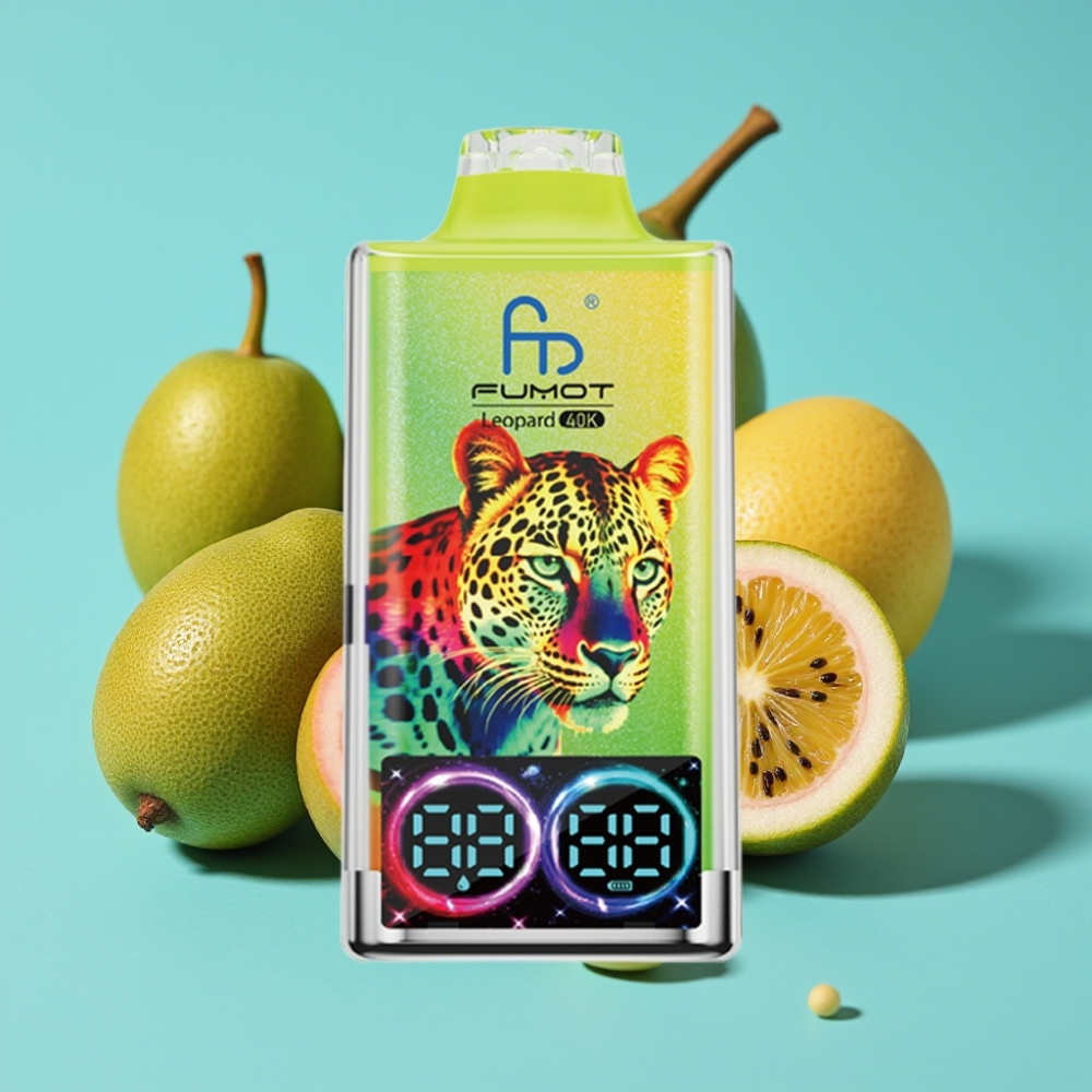 Fumot Leopard 40000 بخار للاستخدام لمرة واحدة بنكهة الكيوي والماراكويا والجوافة، 700mAh، شحن Type-C، شاشة رقمية لمستوى الزيت، شبكة مزدوجة، نيكوتين 0%/2%/3%/5%