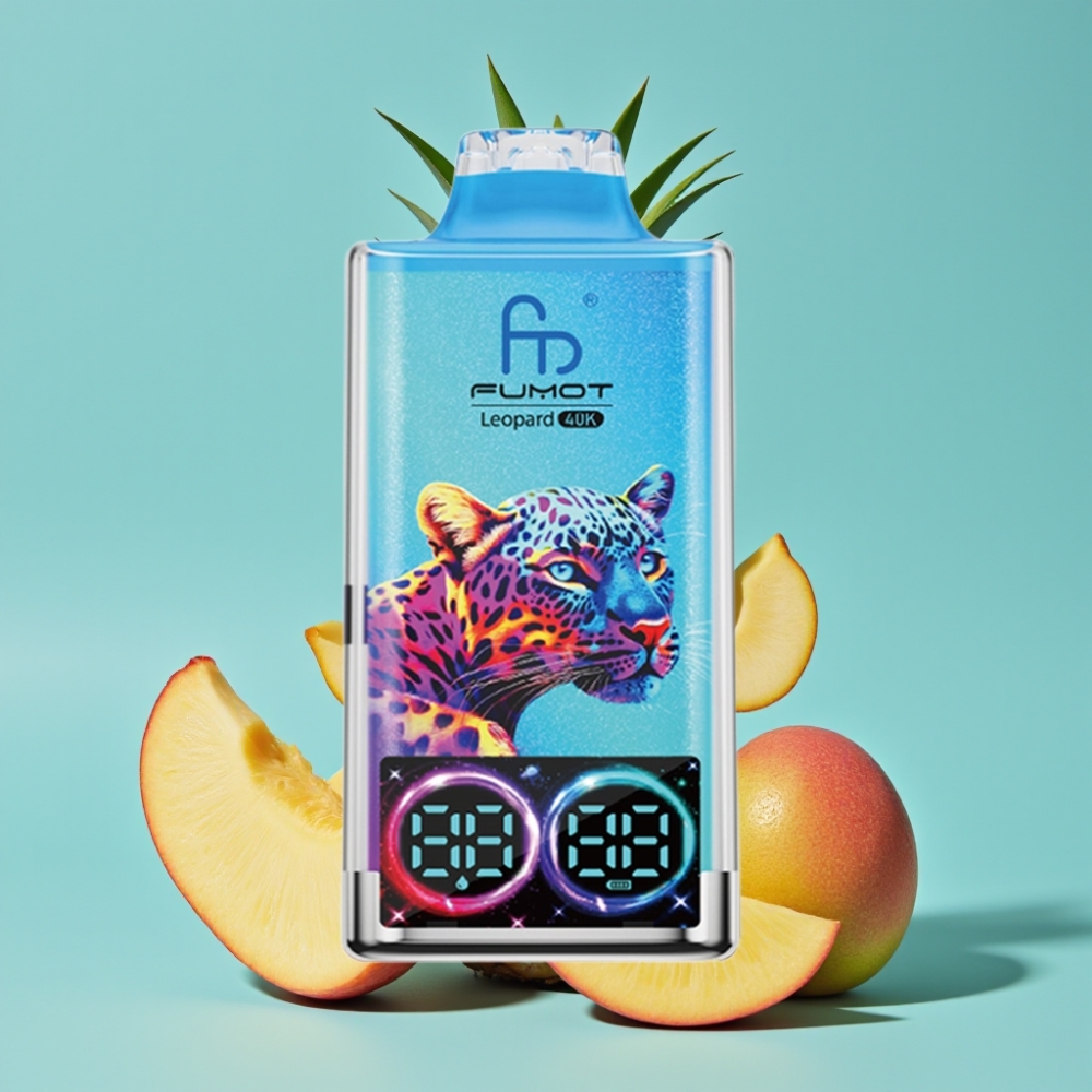 Fumot Leopard 40000 بخاخ قابل للتخلص منه بطارية 700mAh شحن Type-C عرض رقمي للزيت ثنائي شبكة بنكهة الخوخ والمانجو والأناناس