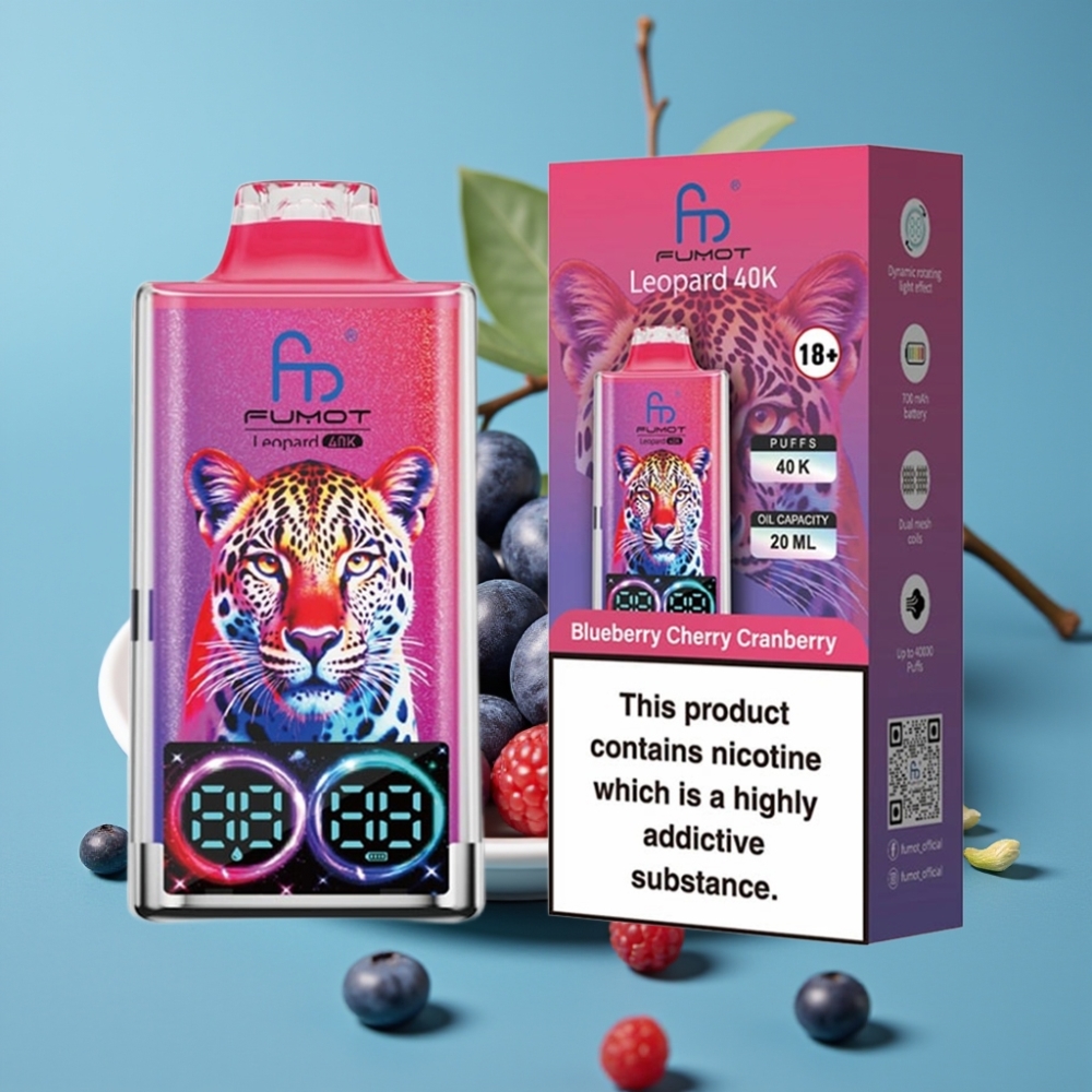 Fumot Leopard 40000 بخار للاستخدام مرة واحدة، بطارية 700mAh، شبكة مزدوجة، شحن Type-C، عرض رقمي لمستوى الزيت، نكهة التوت البري والكرز الأحمر