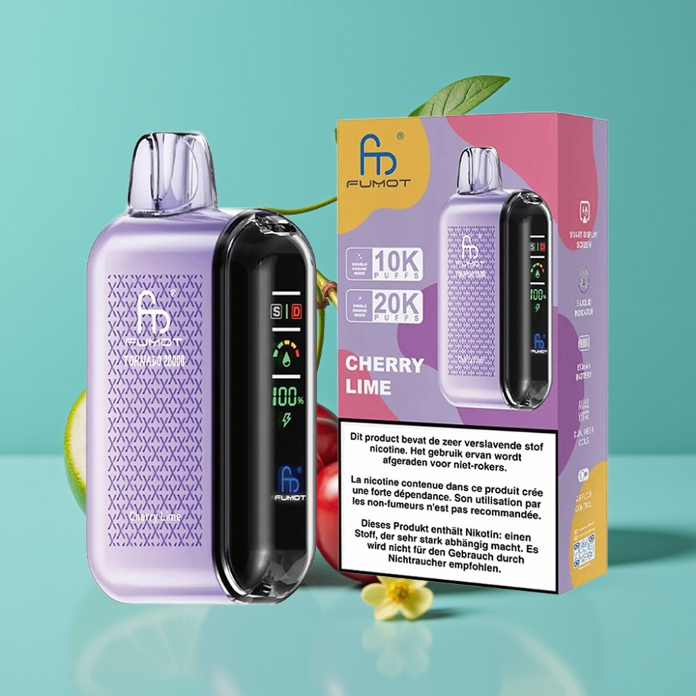 Fumot Tornado 20000 نفخة، ملف مزدوج، سعة 20مل، بطارية 850 مللي أمبير، شاشة ذكية، كرز ليمون