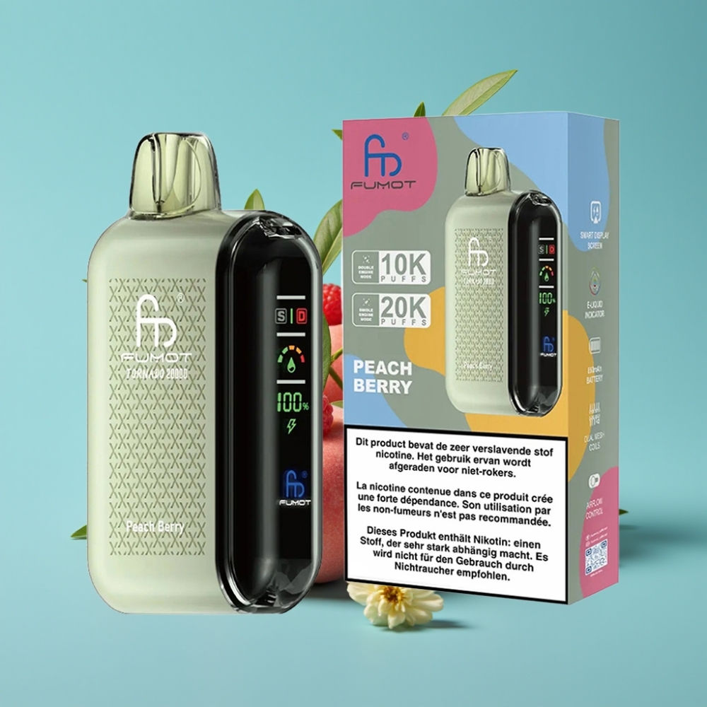 Fumot Tornado 20000 نفخة - ملف مزدوج - شاشة ذكية - سعة 20 مل - بطارية 850 مللي أمبير - خوخ وتوت