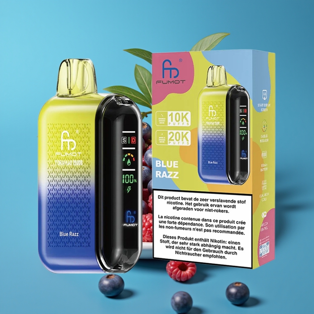 Fumot Tornado 20000 نفخة ملف مزدوج 20مل بطارية 850مللي أمبير شاشة ذكية تحكم تدفق الهواء 2% نيكوتين بلو راز