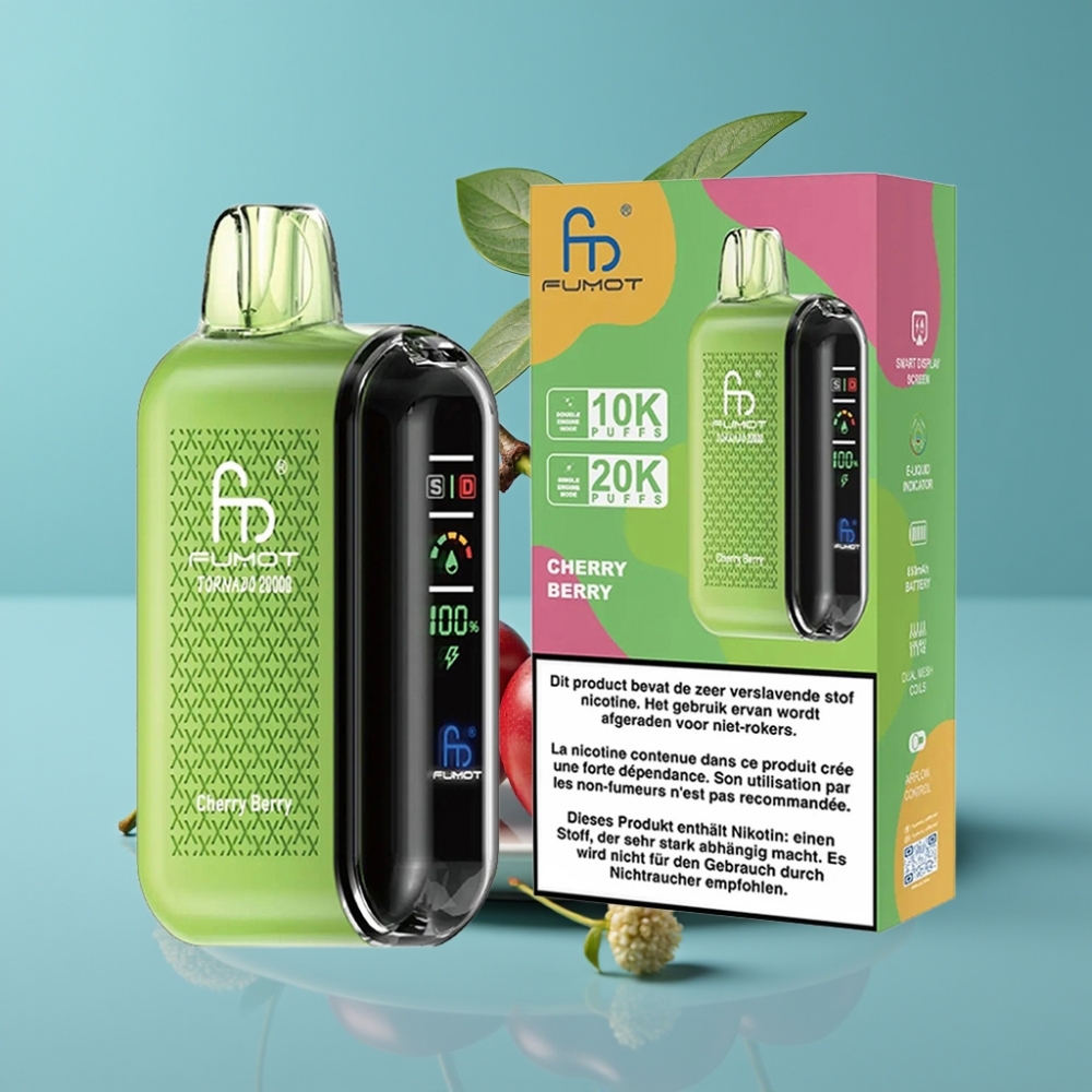 Fumot Tornado 20000 نفخة ثنائي ملف شبكي 20مل بطارية 850 مللي أمبير شاشة ذكية تحكم تدفق الهواء 2% نيكوتين محرك واحد نكهة كرزي توتي