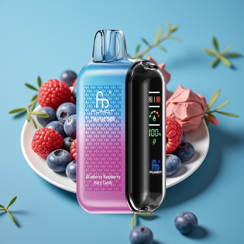 Fumot Tornado 20000 نفخة ثنائي ملف شبكي 20مل سعة سائل 850 مللي أمبير شاشة ذكية تحكم تدفق الهواء 2% نيكوتين نكهة توت عُلّي وحلوى التوت الأزرق الصلبة