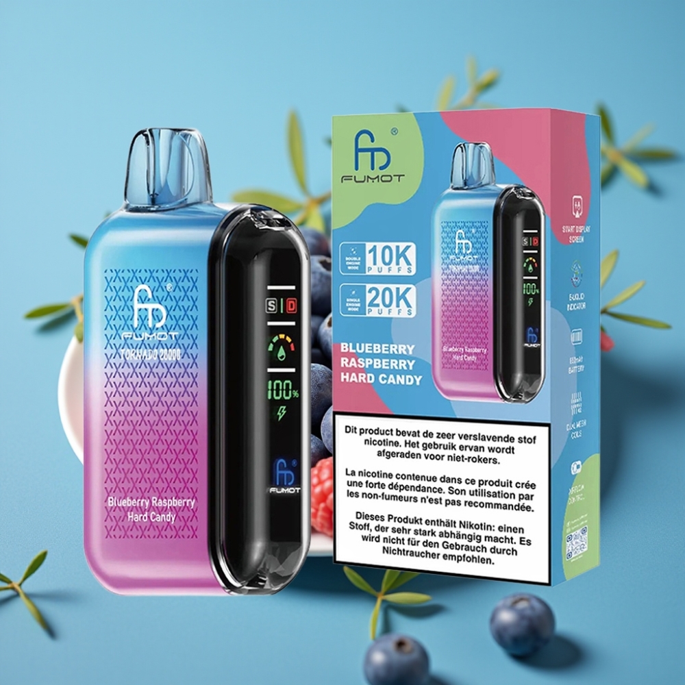 Fumot Tornado 20000 نفخة ثنائي ملف شبكي 20مل سعة سائل 850 مللي أمبير شاشة ذكية تحكم تدفق الهواء 2% نيكوتين نكهة توت عُلّي وحلوى التوت الأزرق الصلبة