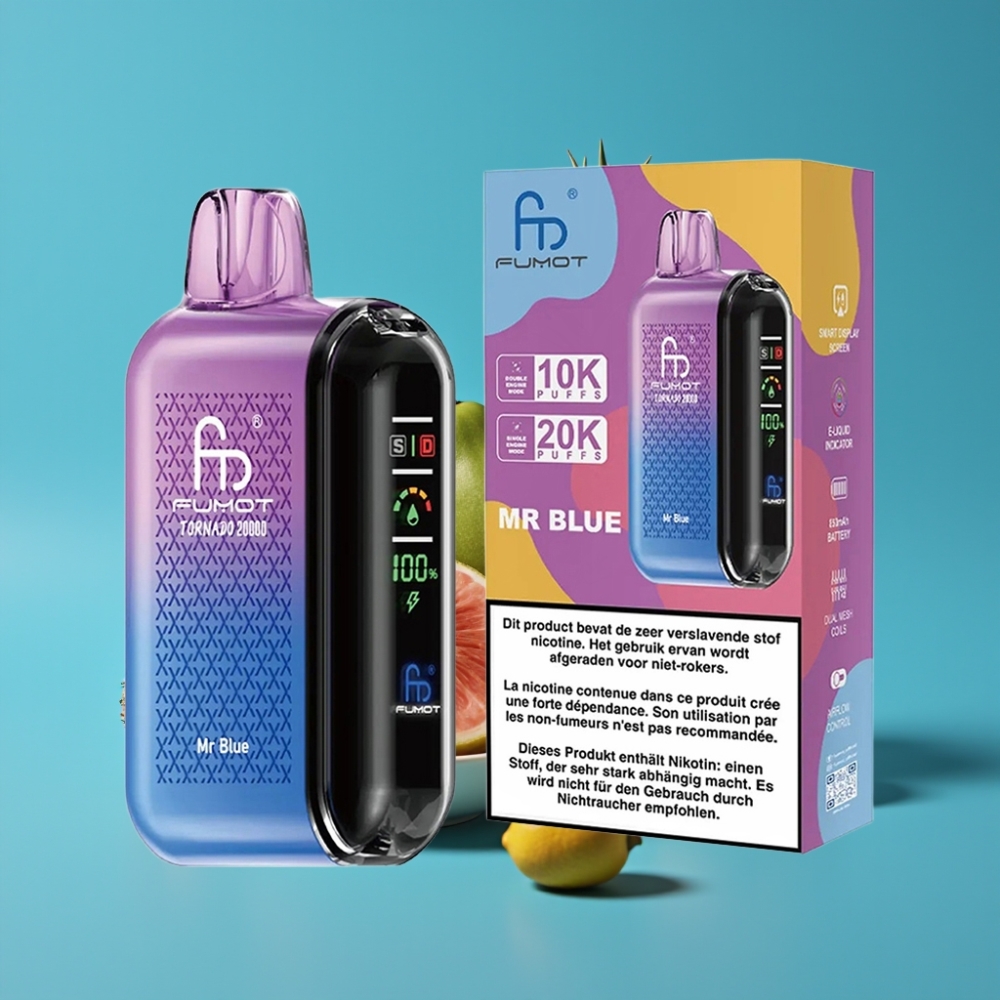 Fumot Tornado 20000 Puffs Dual Mesh 20ml Smart Display هواء قابل للضبط نكهة مستر بلو