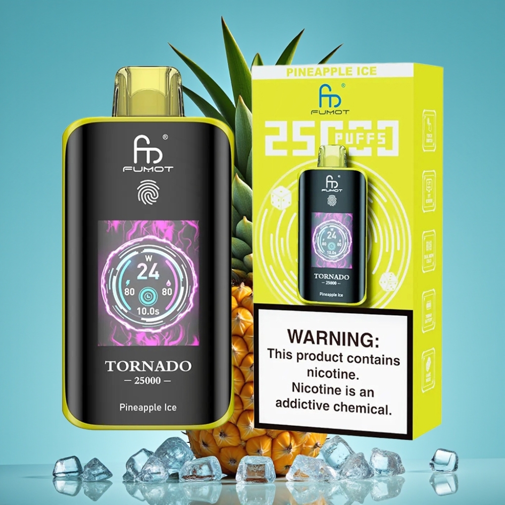 Fumot Tornado 25000 نفخة شاشة عالية الدقة ٧٠٠ مللي أمبير بطارية قابلة لإعادة الشحن ٢٠ مل سائل إلكتروني مسبق الشحن ٠/٢%/٣%/٥% نيكوتين نكهة أناناس مثلج