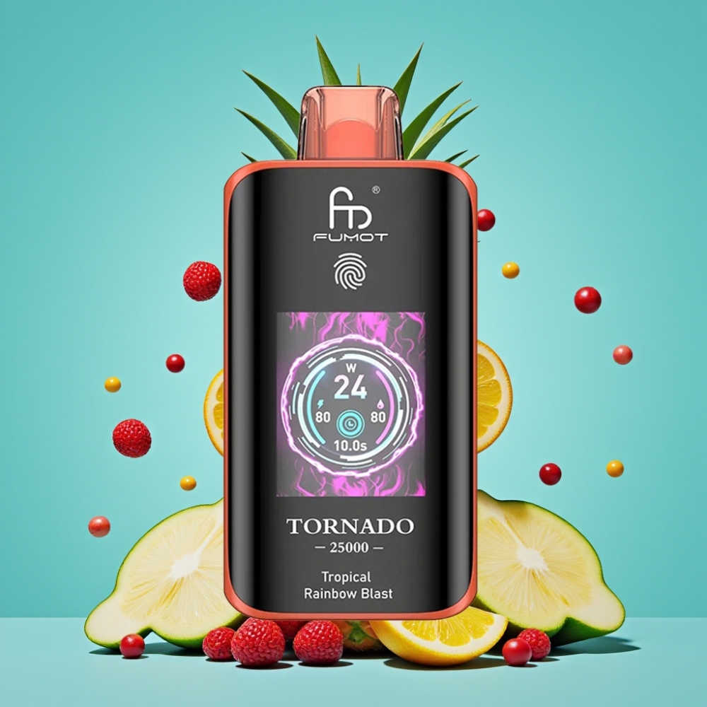 Fumot Tornado 25000 نفخة شاشة عالية الدقة بطارية 700 مللي أمبير نكهة انفجار قوس قزح الاستوائي
