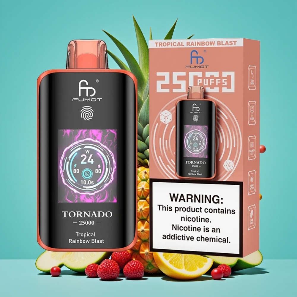 Fumot Tornado 25000 نفخة شاشة عالية الدقة بطارية 700 مللي أمبير نكهة انفجار قوس قزح الاستوائي