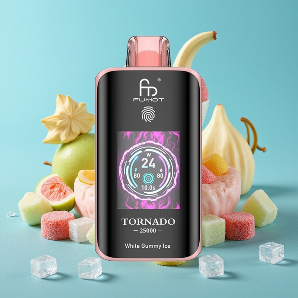Fumot Tornado 25000 نفخة شاشة عالية الدقة بطارية 700 مللي أمبير نكهة حلوى الجيلي البيضاء الثلجية