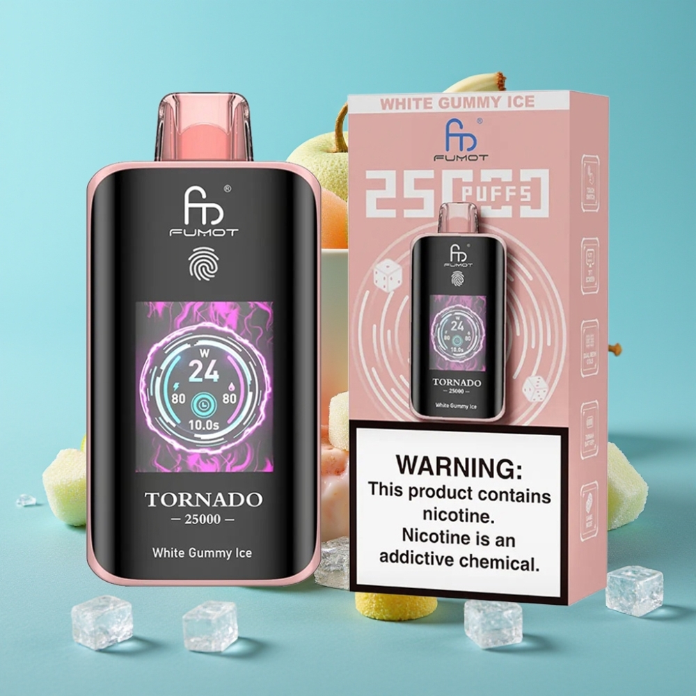 Fumot Tornado 25000 نفخة شاشة عالية الدقة بطارية 700 مللي أمبير نكهة حلوى الجيلي البيضاء الثلجية