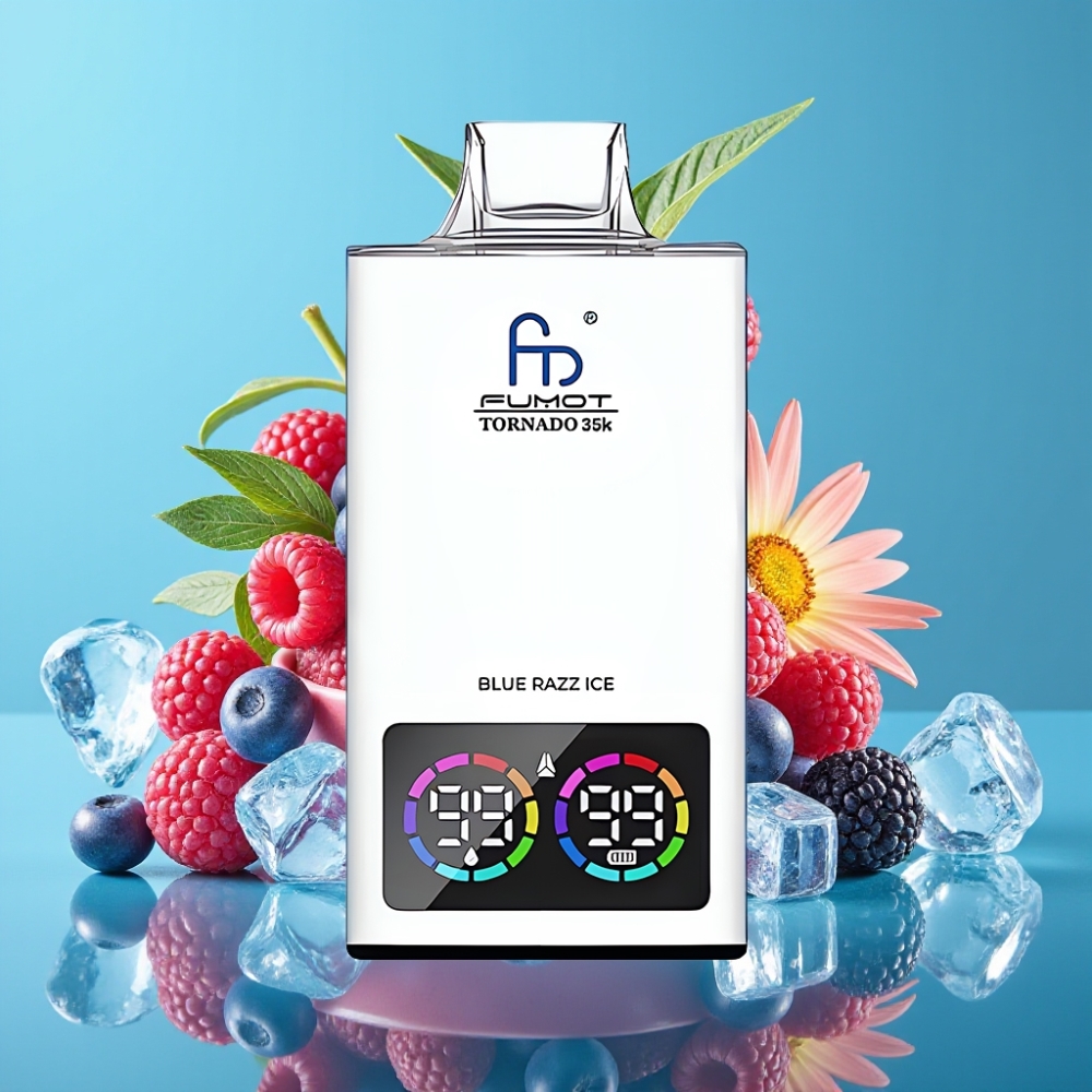 Fumot Tornado 35000 فاب بثلاثي الألوان وشاحن سريع وملف مزدوج بنكهة بلو راز آيس