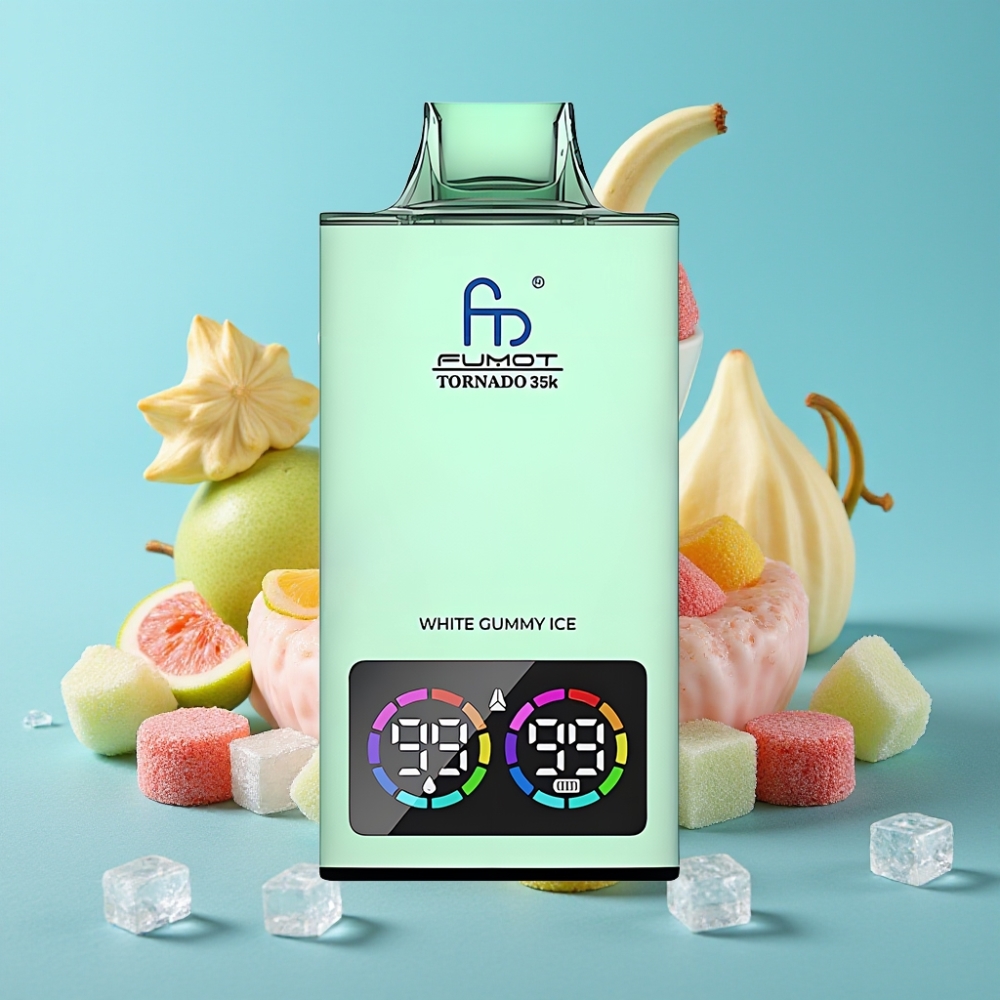 Fumot Tornado 35000 نَفث مع ملف مزدوج، مؤشر سائل، إضاءة متغيرة، بطارية 700 مللي أمبير، شحن سريع، يو إس بي سي، نكهة علكة بيضاء مثلجة