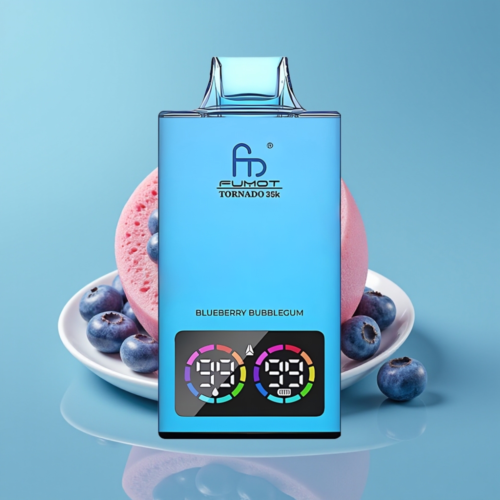 Fumot Tornado 35000 دفعة واحدة فاب - ملف مزدوج، مؤشر سائل، إضاءة متغيرة، بطارية 700 مللي أمبير، شحن سريع، يو إس بي سي، نكهة: علكة التوت الأزرق
