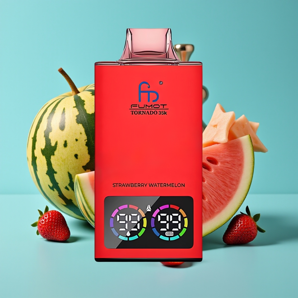 Fumot Tornado 35000 نَفخة مع ملف مزدوج وشاشة مؤشر السائل وإضاءة RGB متغيرة و15مل عصير وبطارية 700 مللي أمبير وشحن سريع وUSB-C بنكهة الفراولة والبطيخ