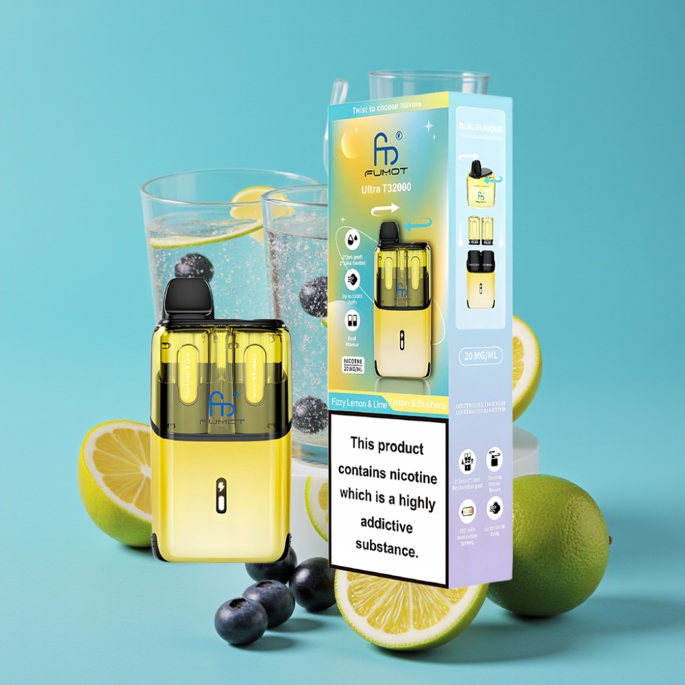 Fumot Ultra T32000 سيجارة إلكترونية ذاتية الشحن - 32000 نفخة، بطارية 800 مللي أمبير، 24 مللي سائل، شحن نوع سي، 20 ملجم نيكوتين، بنكهة الليمون الفوار