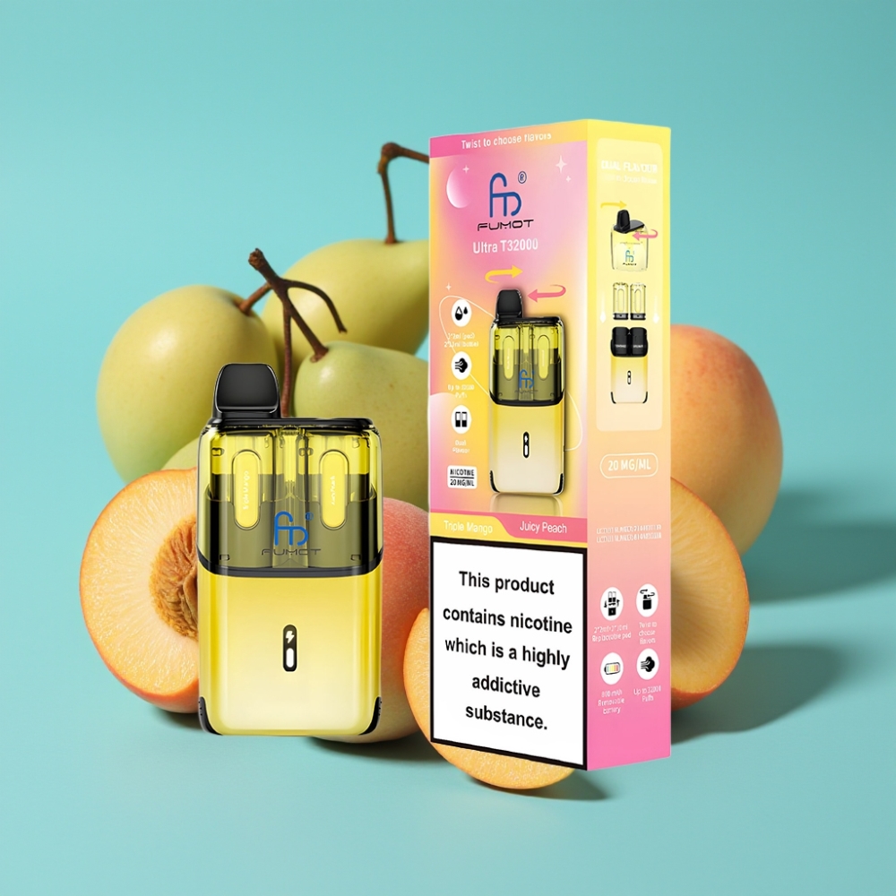 Fumot Ultra T32000 سيجارة إلكترونية قابلة للتصريف - 32000 نفخة، بطارية 800 مللي أمبير، نكهة المانجو الثلاثي - الخوخ العصير، شحن نوع-C سريع