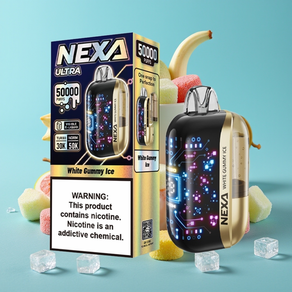 NEXA Ultra 50000 نفخة سعة 20مل بطارية 800مللي أمبير شاشة منحنية ثلاثية الأبعاد نيكوتين 5% نكهة علكة بيضاء مثلجة